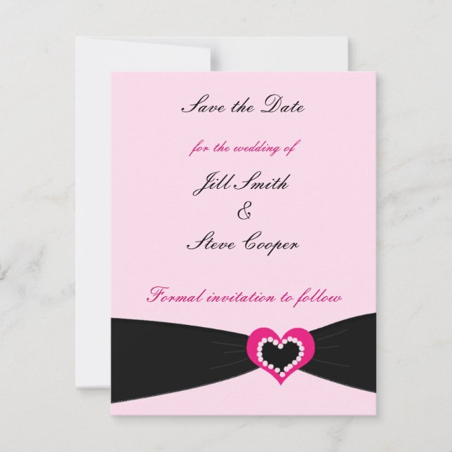 Pink Heart Black Ribbon Save the Date (Front)