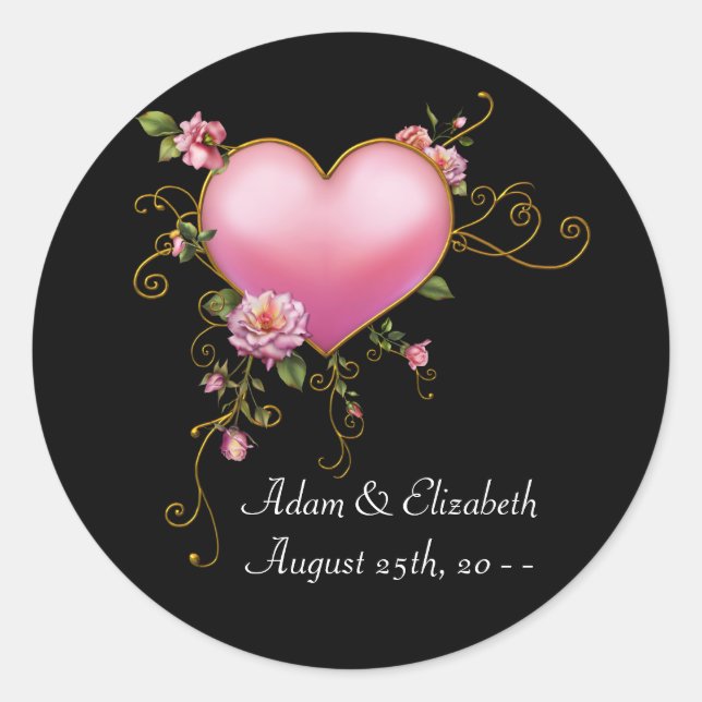 Pink Heart Black Wedding Favor Label Stickers (Front)