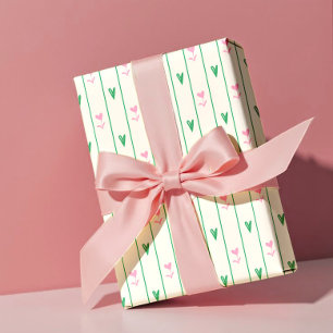 Pink Heart Blooms & Green Heart - Modern Valentine Wrapping Paper