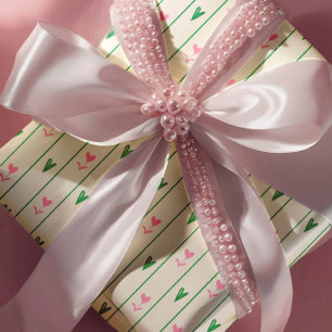 Pink Heart Blooms & Green Heart - Modern Valentine Wrapping Paper Sheets