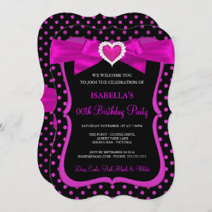 Pink Heart Bow Black Polka Dots Birthday Party Invitation