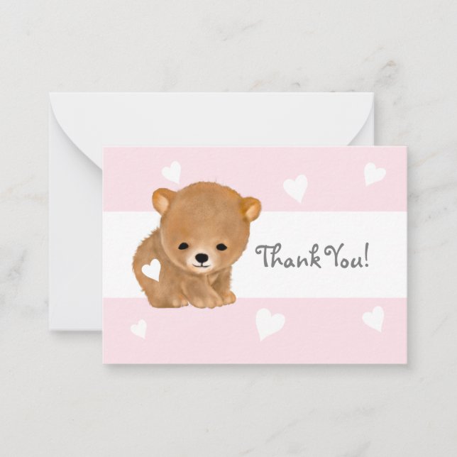 Pink Heart Brown Bear Thank You Notecards (Front)