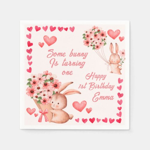 Pink Heart bunny Happy Birthday paper Napkins