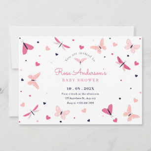 Pink heart butterfly baby shower invitation