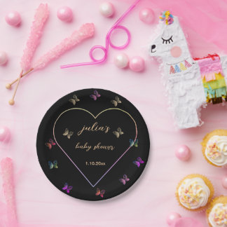 Pink Heart Butterfly girl baby shower Paper Plates