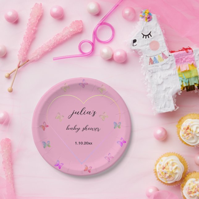 Pink Heart Butterfly girl baby shower  Paper Plates (Party)