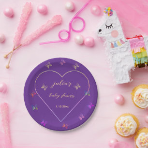 Pink Heart Butterfly girl baby shower  Paper Plates