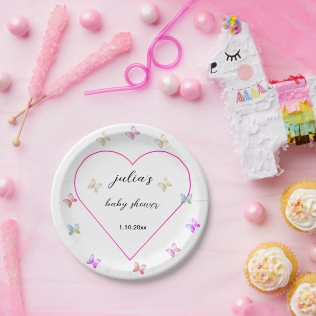 Pink Heart Butterfly girl baby shower  Paper Plates (Party)