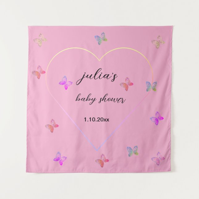 Pink Heart Butterfly girl baby shower  Tapestry (Front)