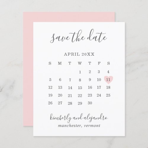Pink Heart Calender Budget Wedding Save the Date