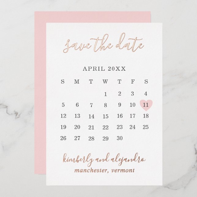 Pink Heart Calender Modern Wedding Save The Date Foil Invitation (Front/Back)