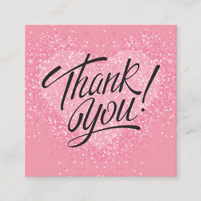 Pink Heart Calligraphy Discount Thank You Square Business Card (Front)