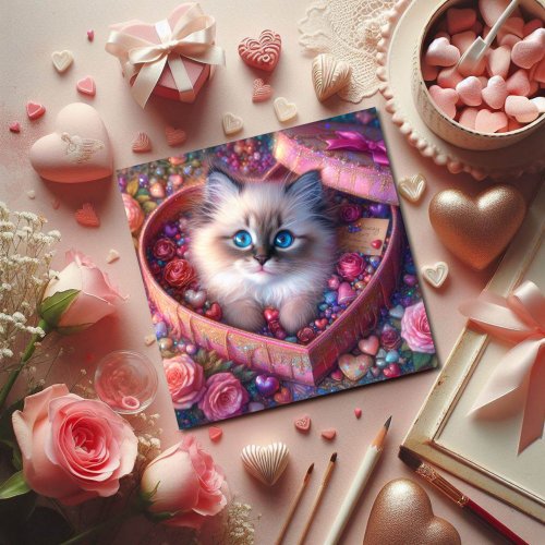 Pink Heart Candy Box Ragdoll Kitten Valentine  Holiday Card