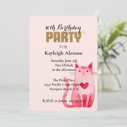 Pink Heart Cat Gold Glitter Birthday Invitation