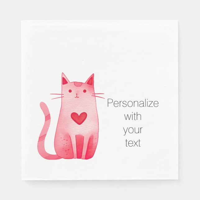 Pink Heart Cat Personalized Napkins (Front)
