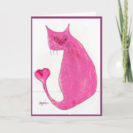 Pink Heart Cat Valentine Card