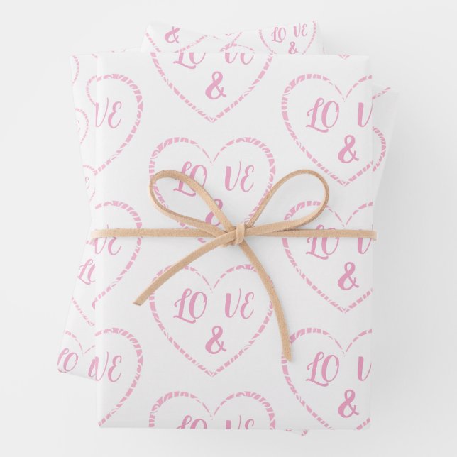 Pink Heart Charms, Bride and Groom Monograms Wrapping Paper Sheets (In situ)