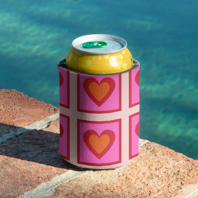 Pink Heart Checkerboard Retro Checks  Can Cooler (In Situ Pool)