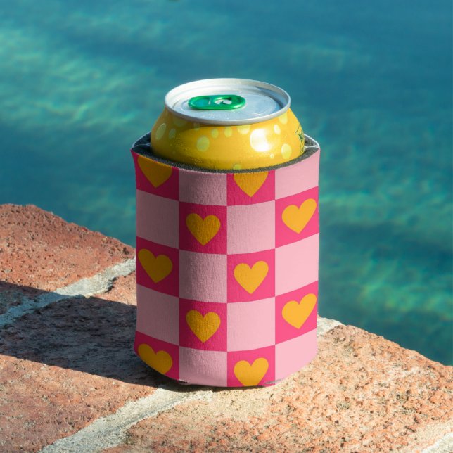 Pink Heart Checkerboard Retro Checks  Can Cooler (In Situ Pool)