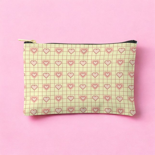 Pink Heart Checkered Pattern Valentine's Day Accessory Pouch (Pink Heart Checkered Pattern Valentine's Day Accessory Pouch)