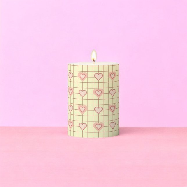 Pink Heart Checkered Pattern Valentine's Day Pillar Candle (Pink Heart Checkered Pattern Valentine's Day Pillar Candle)