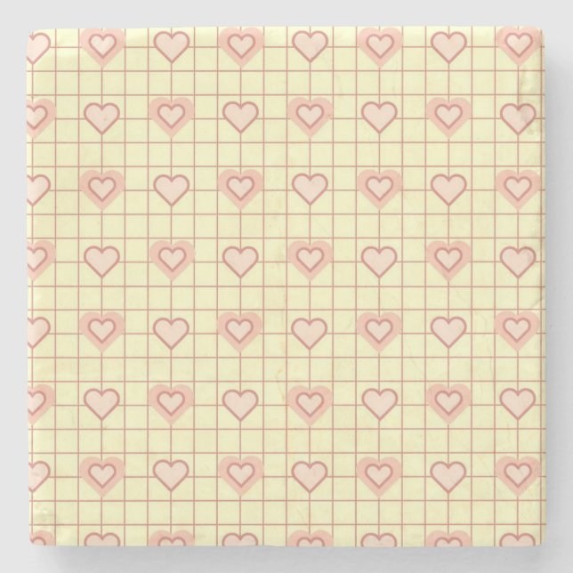 Pink Heart Checkered Pattern Valentine's Day Stone Coaster (Front)