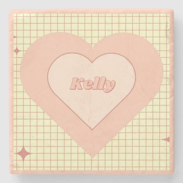 Pink Heart Checkered Pattern Valentine's Day Stone Coaster (Front)