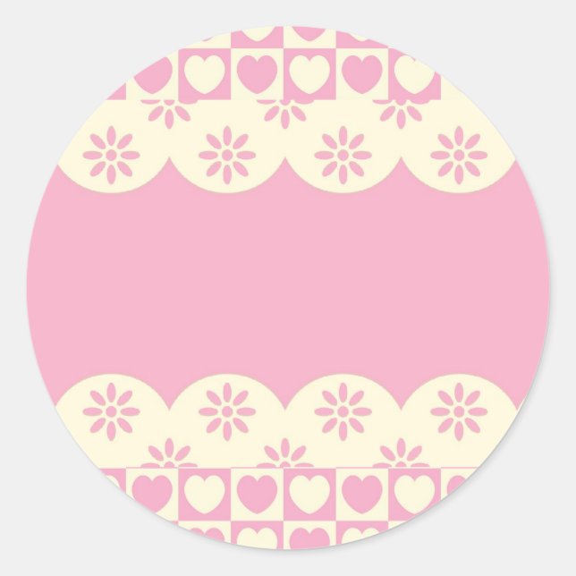 Pink Heart Checkered Round Sticker (Front)