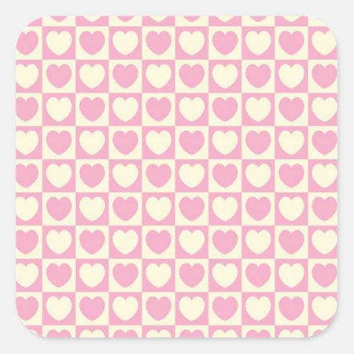 Pink Heart Checkered Square Sticker