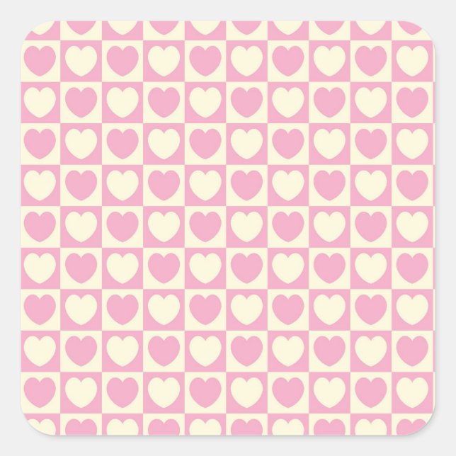 Pink Heart Checkered Square Sticker (Front)