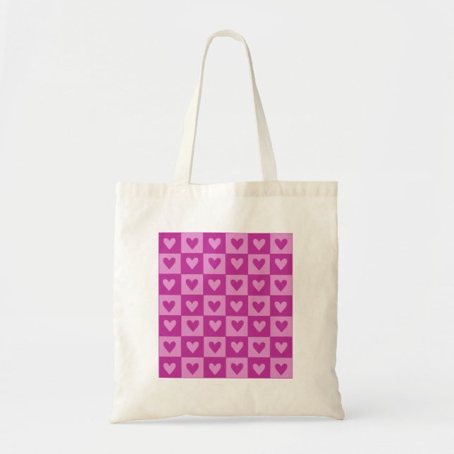 Pink heart checkered tote bag. (Front)