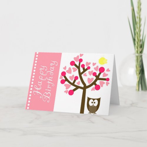 Pink Heart Cherry Blossom Owl Birthday Card
