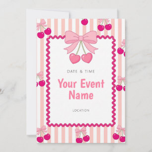 Pink Heart Cherry Scalloped Frame Stripe Invitation