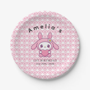 Pink heart Chic Bunny simple Girl Birthday Paper Plates