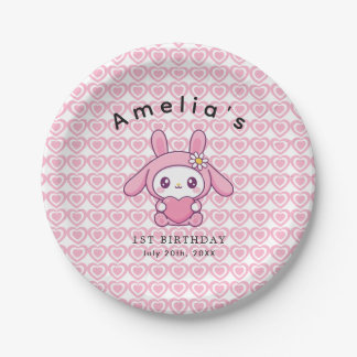Pink heart Chic Bunny simple Girl Birthday Paper Plates