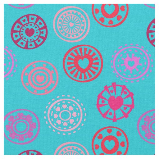 Pink Heart Circles on Aqua | Valentines Fabric