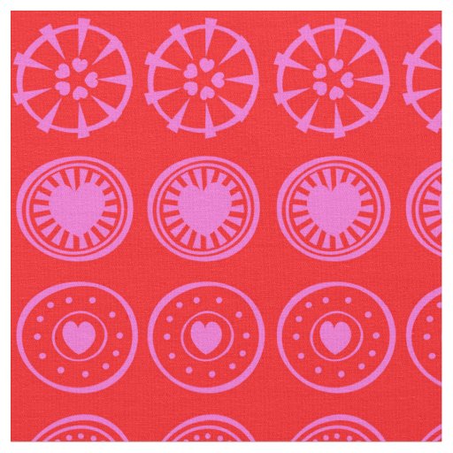 Pink Heart Circles on Red Background Fabric