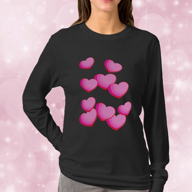 Pink Heart Cluster Valentine T-Shirt (Cluster of bright hearts in shades of pink on black womans tee shirt.)