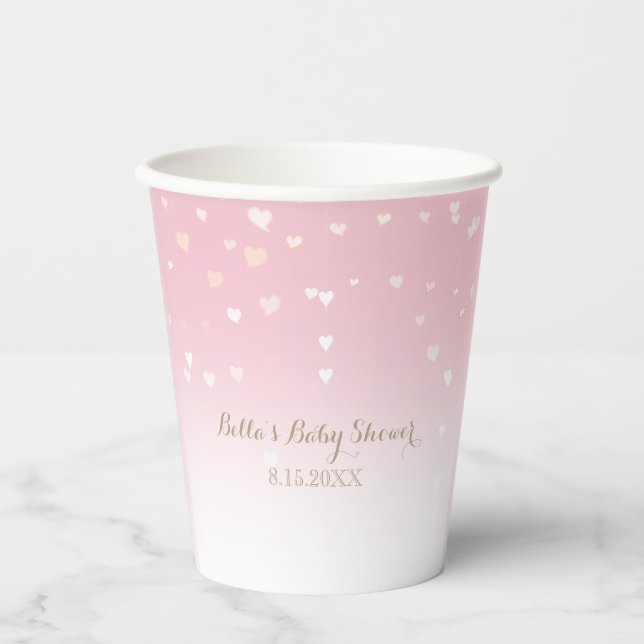 Pink Heart Confetti Baby Shower Paper Cups (Front)