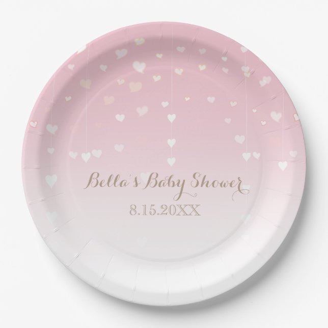 Pink Heart Confetti Baby Shower Paper Plates (Front)
