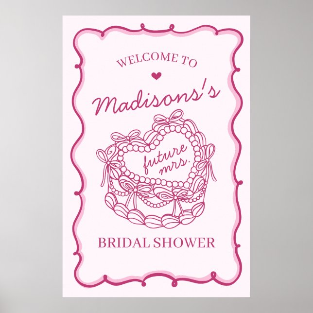 Pink Heart Coquette Cake Bridal Shower Welcome Poster (Front)