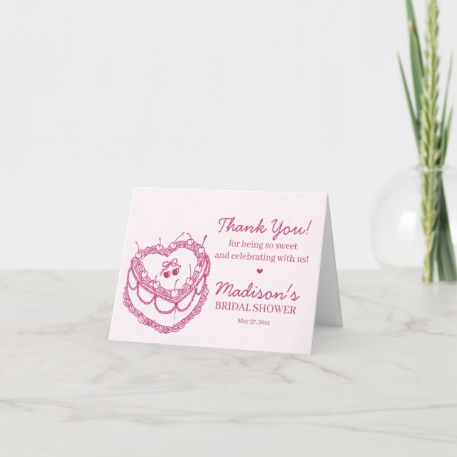 Pink Heart Coquette Cherry Cake Bridal Shower Thank You Card (Front)