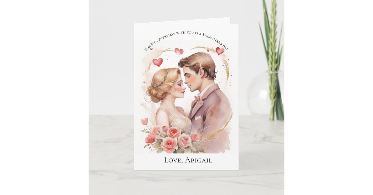 Pink Heart couple Valentine's day card for her | Zazzle