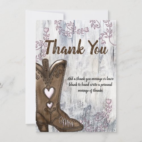 Pink Heart Cowgirl Boots Bridal Shower Thank You Invitation