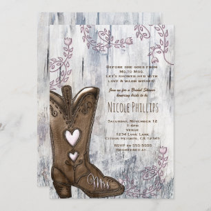 Pink Heart Cowgirl MRS Cowgirl Boots Bridal Shower Invitation
