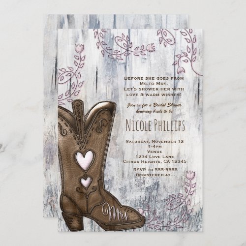 Pink Heart Cowgirl MRS Cowgirl Boots Bridal Shower Invitation