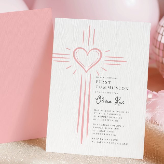 Pink Heart Cross First Communion Invitation (Creator Uploaded)
