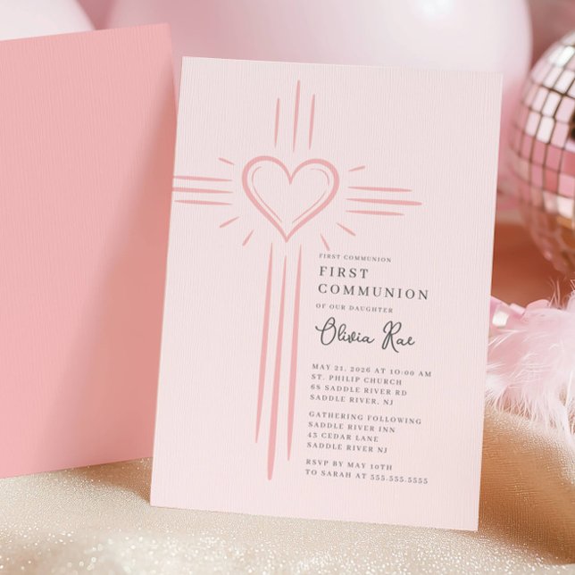 Pink Heart Cross First Communion Invitation (Creator Uploaded)
