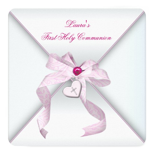 Pink Heart Cross Girls Pink First Communion Card | Zazzle.com