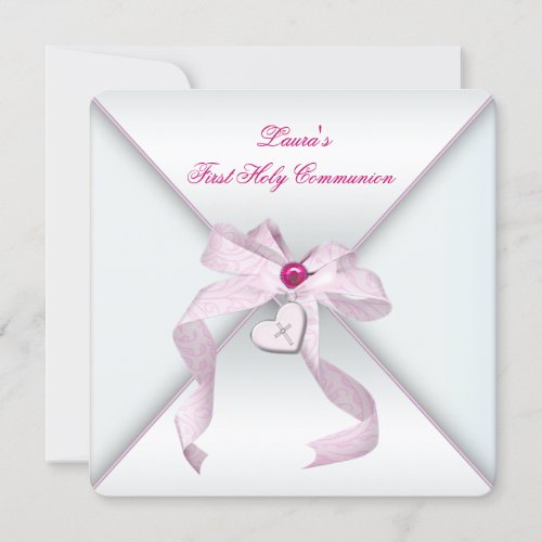 Pink Heart Cross Girls Pink First Communion Custom Invite